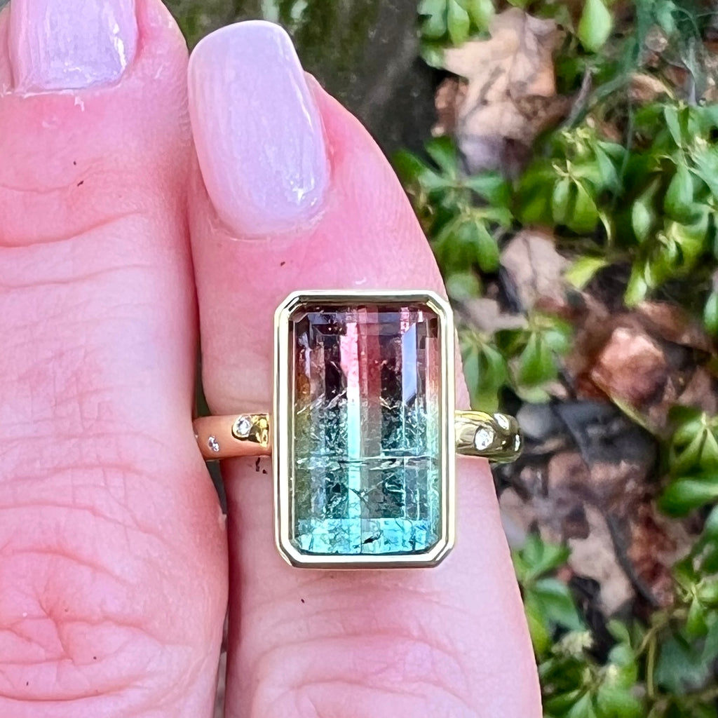 Emerald Cut Watermelon Tourmaline Quinn Ring Lauren K Fine Jewelry NY