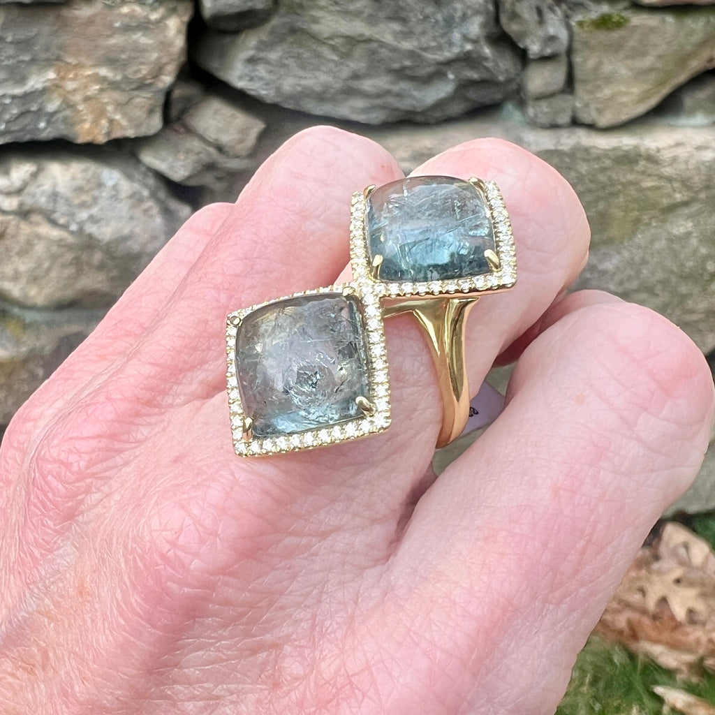 Blue Green Tourmaline Cushion Kiss Ring Lauren K Fine Jewelry NY