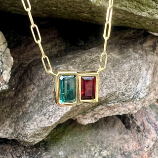 Emerald Cut Green and Pink Two Stone Bea Necklace