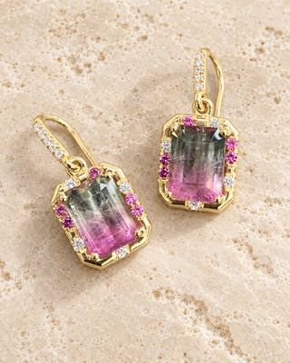 Bicolor Tourmaline, Pink Sapphire and Diamond Sprinkle Earrings