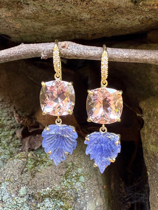 Morganite and Carved Tanzanite Leaf Joyce Earrings