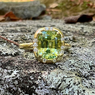 Cushion Cut Green Tourmaline Sprinkle Ring