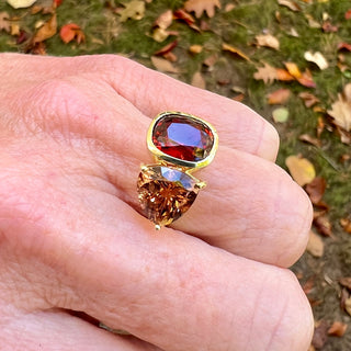 Garnet and Peach Tourmaline Half Bezel Duet Ring