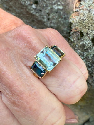 Emerald Cut Aquamarine and Blue Topaz Triad Ring