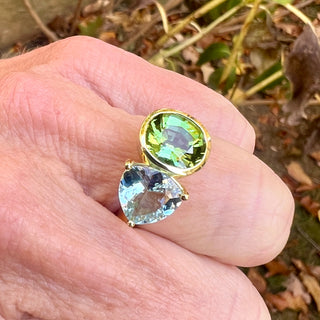 Green Tourmaline and Aquamarine Half Bezel Duet Ring