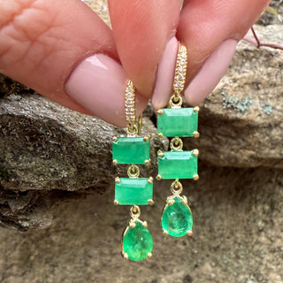 Emerald Cut and Pear Shaped Three Stone Emerald Joyce Earings