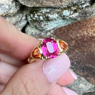 Cushion Cut Pink Tourmaline and Mandarin Garnet Triad Ring