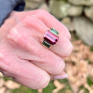 Emerald Cut Pink and Green Tourmaline Triad Ring