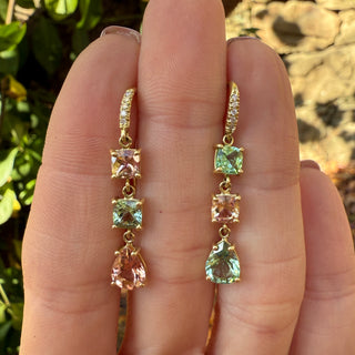 Green and Pink Tourmaline Three STone Joyce Earrings