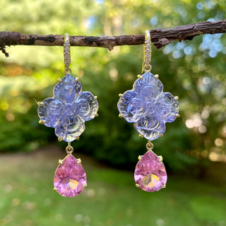 Carved Tanzanite Flower with Pink Tourmaline Drop Earring