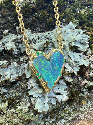 Heart Shaped Boulder Opal and Emerald Sprinkle Necklace