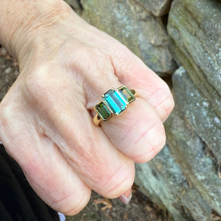 Emerald Cut Blue and Green Tourmaline Triad Ring