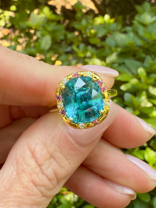Cushion Cut Blue Zircon and Pink Sapphire Sprinkle Ring