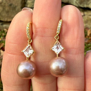 Kite Shaped Morganite and Pink Freshwater Pearl Earrings