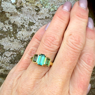 Emerald Cut Blue and Green Tourmaline Triad Ring