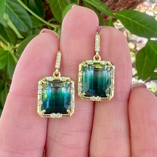 Emerald Cut Bicolor Blue Tourmaline Sprinkle Earrings