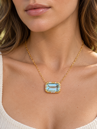 Emerald Cut Aquamarine Sprinkle Necklace