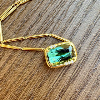 Cushion Cut Green Tourmaline Sprinkle Frame Necklace