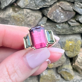 Emerald Cut Pink and Green Tourmaline Triad Ring