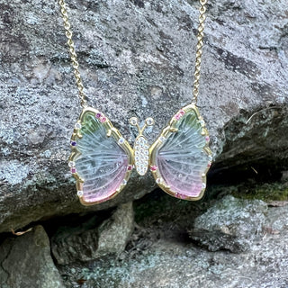 Carved Tricolor Tourmaline Butterfly and Pink Sapphire Sprinkle Necklace