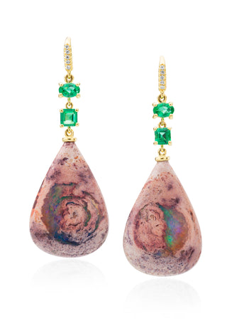 Emerald and Mexican Fire Opal Briolette Joyce Earrings