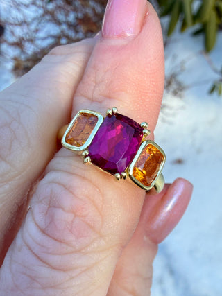 Cushion Cut Pink Tourmaline and Mandarin Garnet Triad Ring