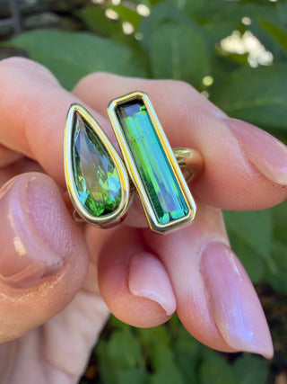 Elongated Pear Shape and Emerald Cut Green Tourmaline Duet Ring