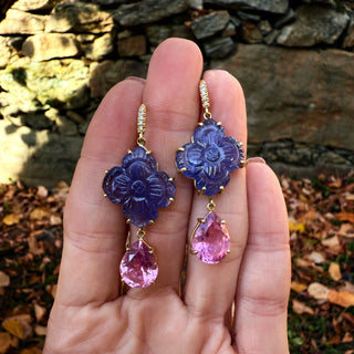 Carved Tanzanite Flower with Pink Tourmaline Drop Earring