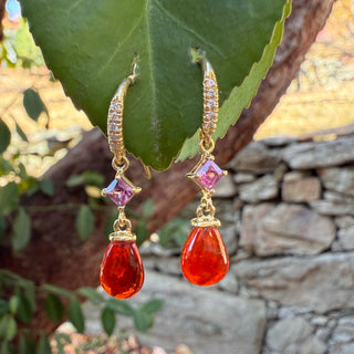 Square Pink Tourmaline with Briolette Fire Opal Drop Earring