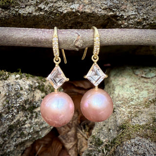 Kite Shaped Morganite and Pink Freshwater Pearl Earrings