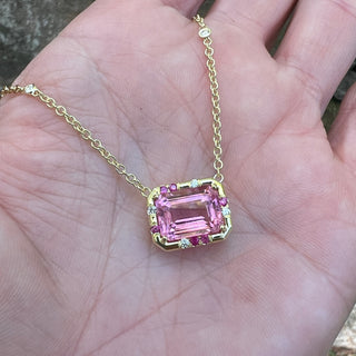 Emerald Cut Pink Tourmaline and Pink Sapphire Sprinkle Necklace