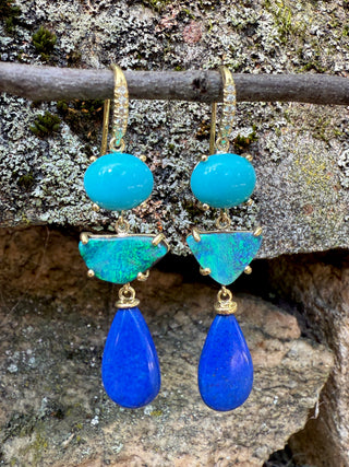 Turquoise, Boulder Opal and Lapis Three Stone Joyce Earrings