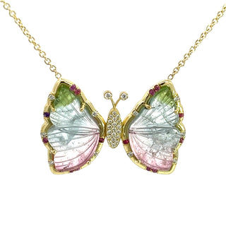 Carved Tricolor Tourmaline Butterfly and Pink Sapphire Sprinkle Necklace