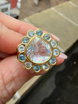 Pear Shape Madagascar Moonstone and Montana Sapphire Blossom Ring