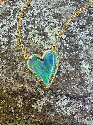 Heart Shaped Boulder Opal and Emerald Sprinkle Necklace