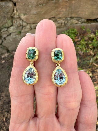 Green Tourmaline and Aquamarine Griffen Earrings