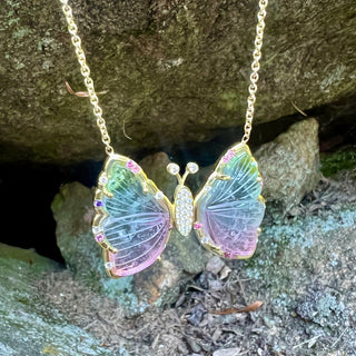 Carved Tricolor Tourmaline Butterfly and Pink Sapphire Sprinkle Necklace