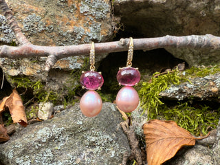 Cabochon Pink Tourmaline and Freshwater Pearl Two Stone Joyce Earrings