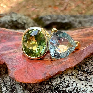 Green Tourmaline and Aquamarine Half Bezel Duet Ring