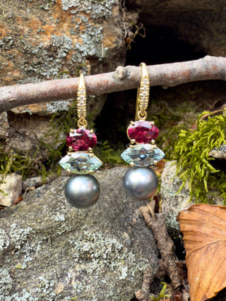 Garnet, Aquamarine and South Sea Pearl Three Stone Joyce Earrings