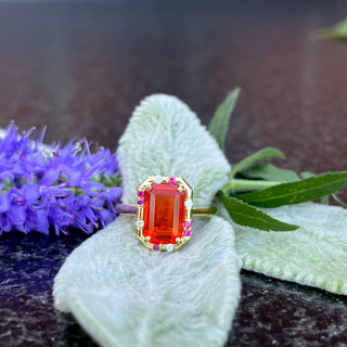 Emerald Cut Fire Opal and Pink Sapphire Sprinkle Ring