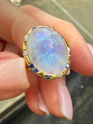 Rainbow Moonstone and Blue Sapphire Sprinkle Ring