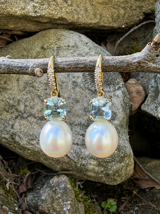 Asscher Cut Aquamarine and Freshwater Pearl Joyce Earrings