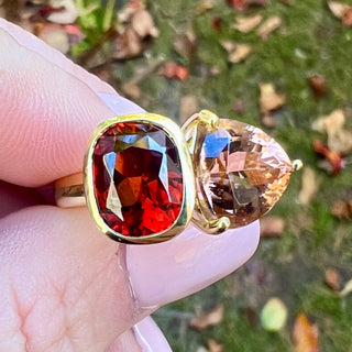 Garnet and Peach Tourmaline Half Bezel Duet Ring