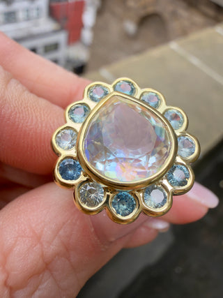 Pear Shape Madagascar Moonstone and Montana Sapphire Blossom Ring