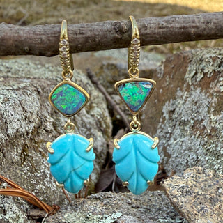 Boulder Opal and Carved Turquoise Leaf Joyce Earrings