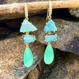 Freeform Boulder Opal and Chrysoprase Briolette Three Stone Joyce Earrings