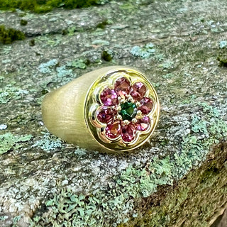 Green and Pink Tourmaline Floral Signet Ring