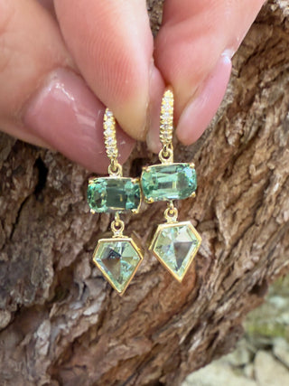 Cushion Cut Lagoon Tourmaline and Kite Shaped Two Stone Joyce Earrings