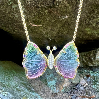 Carved Tricolor Tourmaline Butterfly and Pink Sapphire Sprinkle Necklace